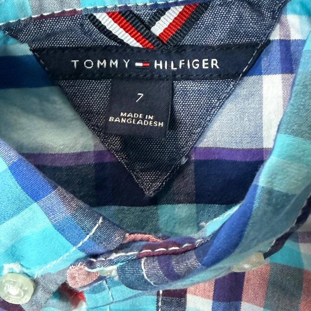 Tommy Hilfiger Kids Blue Red Plaid Long Sleeve Button‎ Down Shirt Size 7